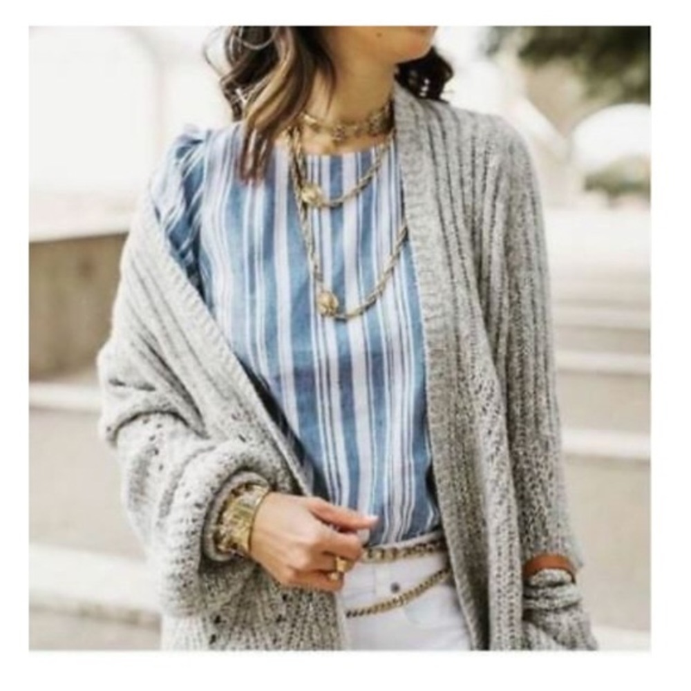 CAbi | Blue and White Stripe Linen Blend Wing Top